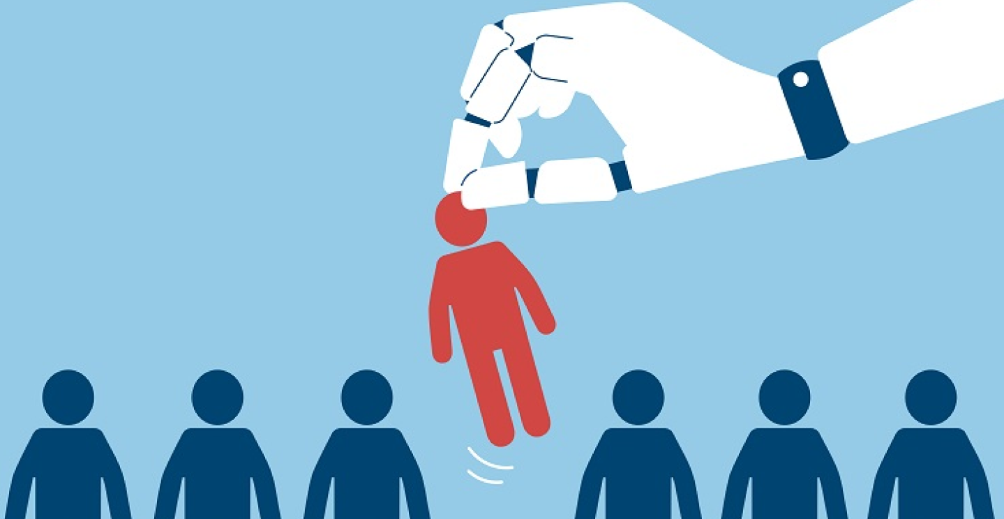 A graphic showing a large robotic hand picking up a red stick figure resembling a human. Three other blue stick figures are standing on either side of the red figure. The image is intended to symbolize the act of using Artificial Intelligence to select job candidates