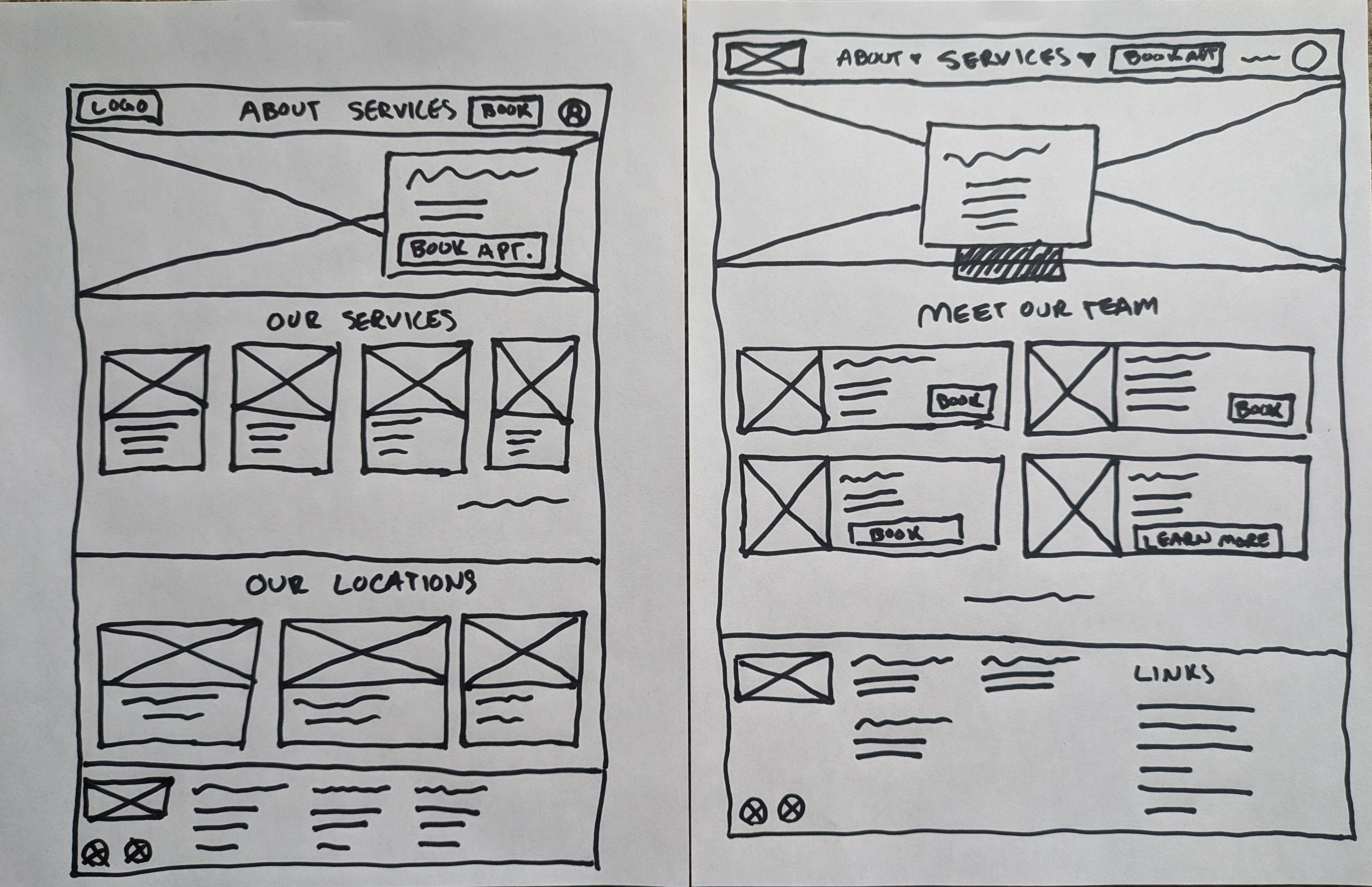 An image of two early paper sketches of the homepage for the dentist website.
