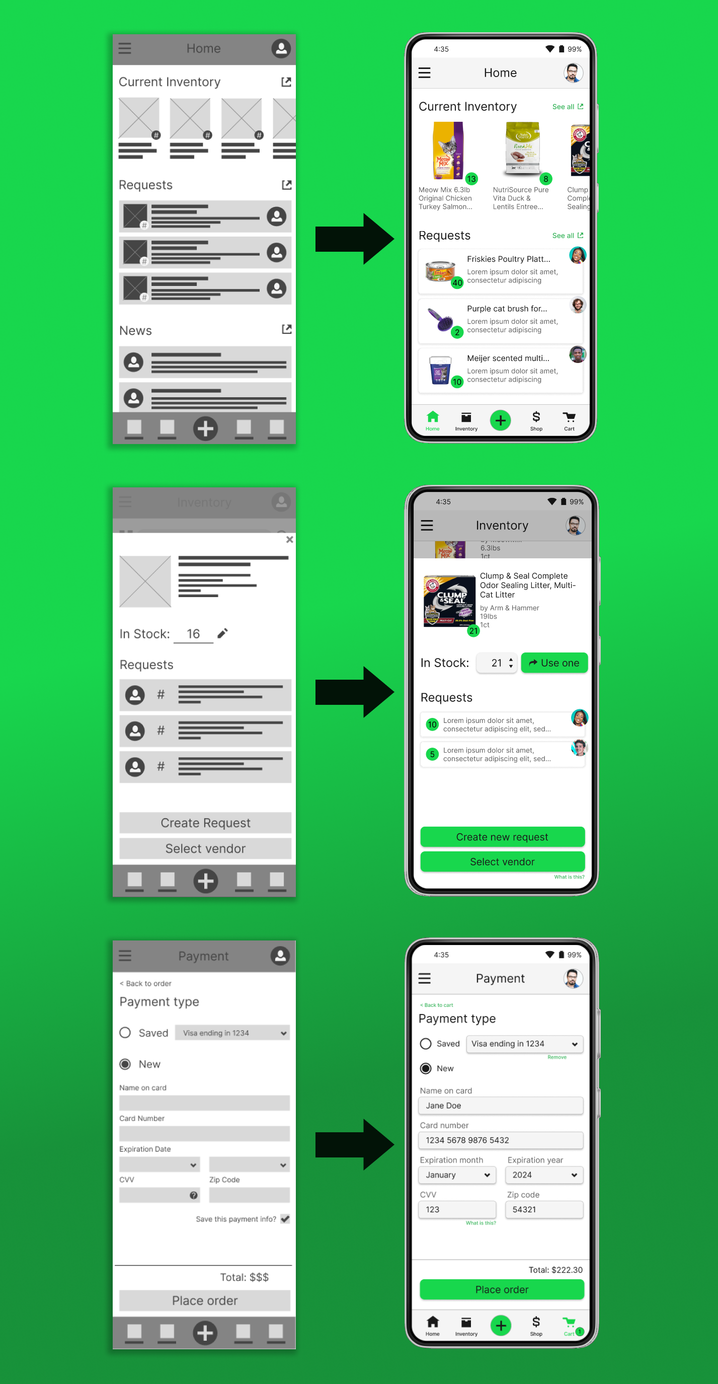 A stylized screen shot of low fidelity digital wireframes on the left and high fidelity digital mockups on the right. Three frames are shown for each: the home screen, the item screen, and the purchasing screen. 3 arrows separate each pair, pointing to the right, indicating the change from the earlier state to the high fidelity mockups.