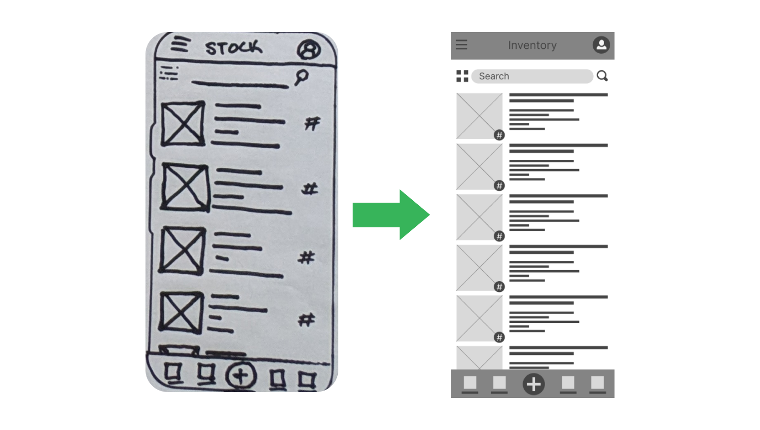 A screen shot showing the transformation of the inventory page from the original rough sketch on the left to the low fidelity digital wireframe on the right. A green arrow points from left to right, indicating the transformation.